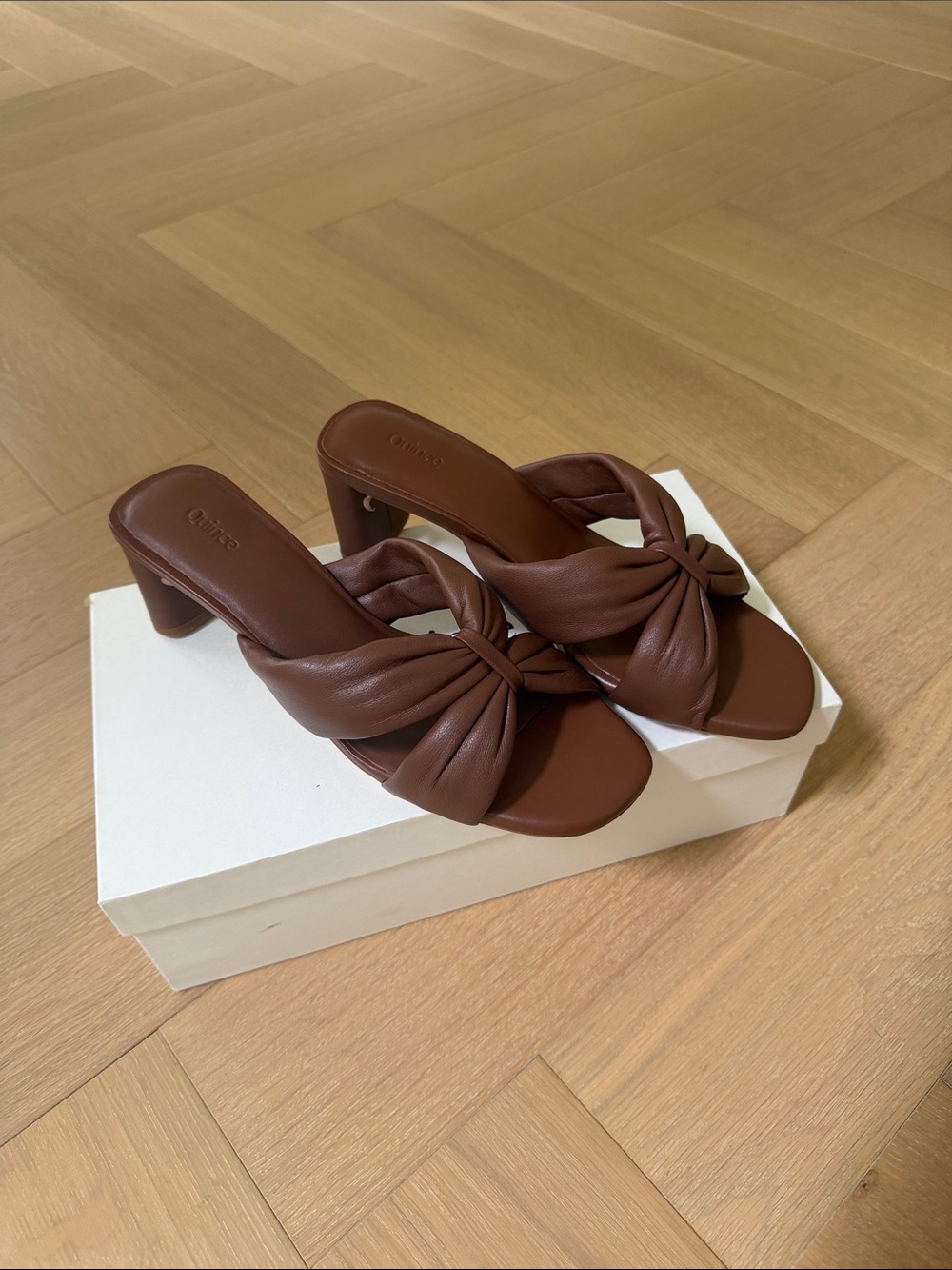 Quince Brown Knot Leather Block Heel Mules